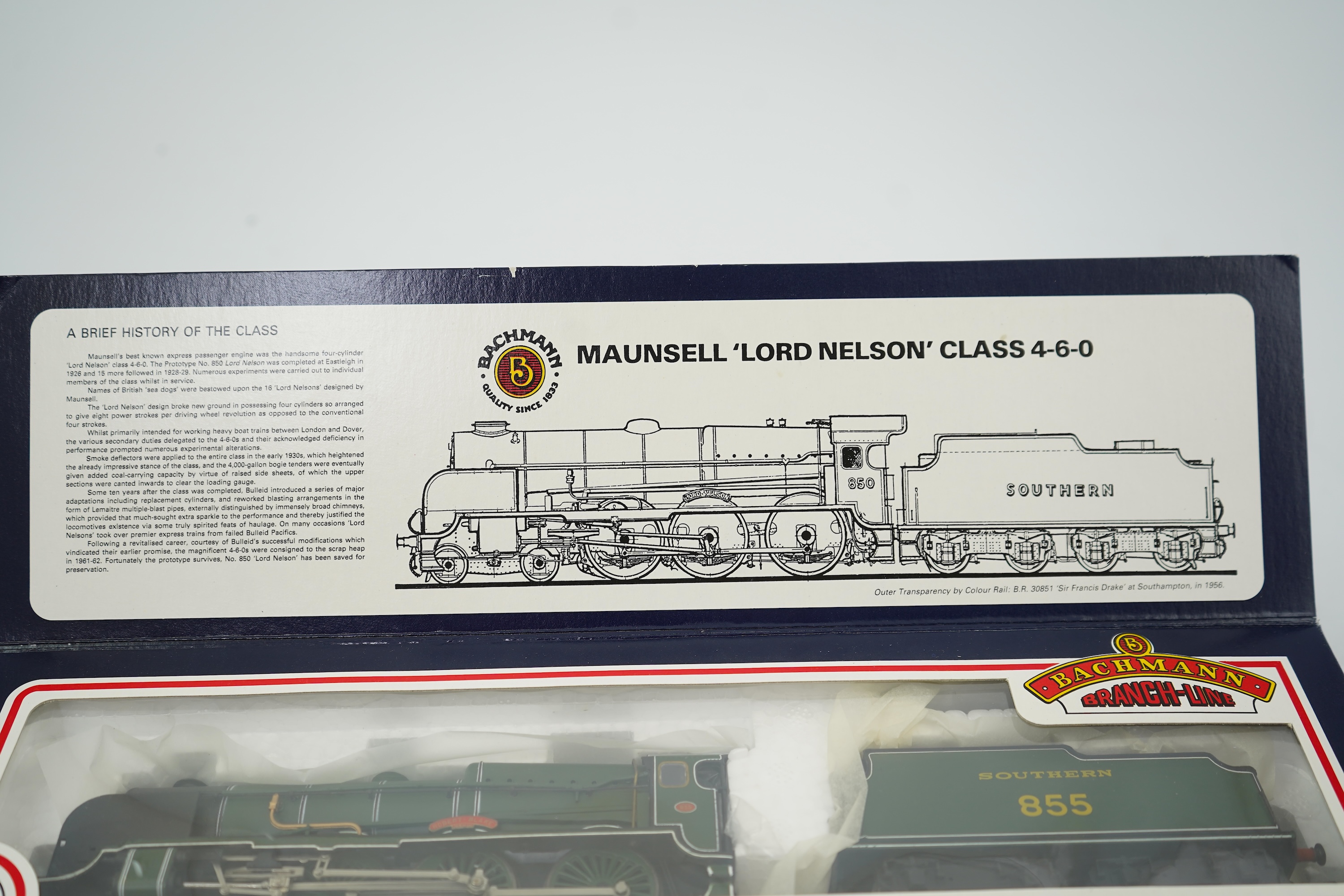 Two boxed Bachmann Branchline 00 gauge railway Southern Railway tender locomotives; a Lord Nelson class, Robert Blake 855 (31-404), together with a C class 1256 (31-461)